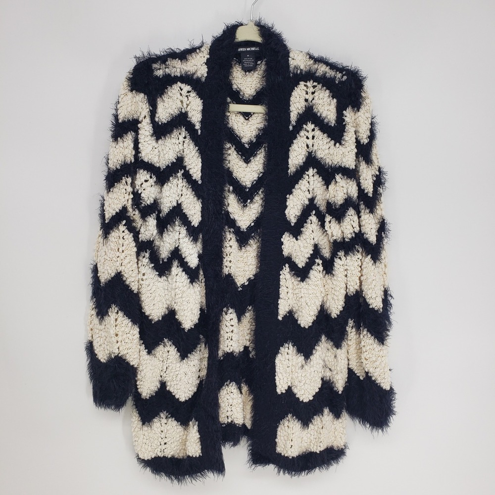 Lauren Michelle Chevron Eyelash Knit Cardigan Sweater Women M Black Open Front